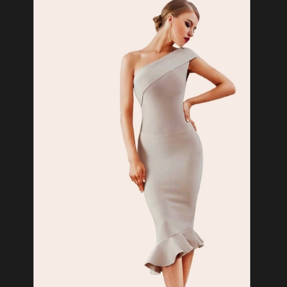 Shein Matte Ruffle Hem One Shoulder Bandage Pencil Apricot Dress